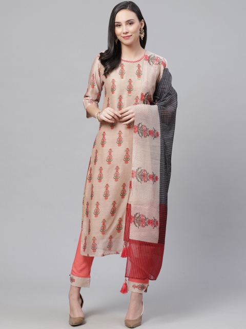 

Chhabra 555 Women Beige & Peach-Coloured Printed Kurta with Trousers & Dupatta