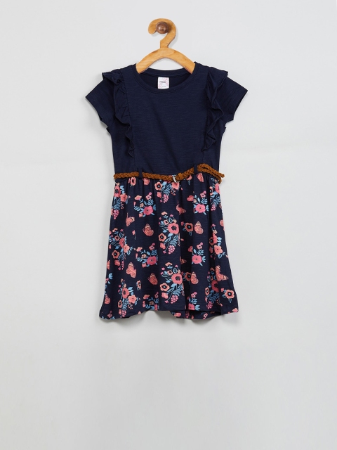 

max Girls Navy Blue Floral Printed Cotton Fit and Flare Dress