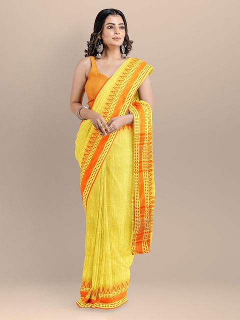 

BharatSthali Yellow & Orange Pure Cotton Woven Design Maheshwari Sustainable Saree
