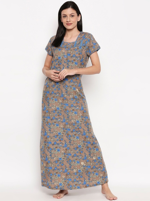 

XIN Women Blue & Brown Floral Printed Maxi Nightdress