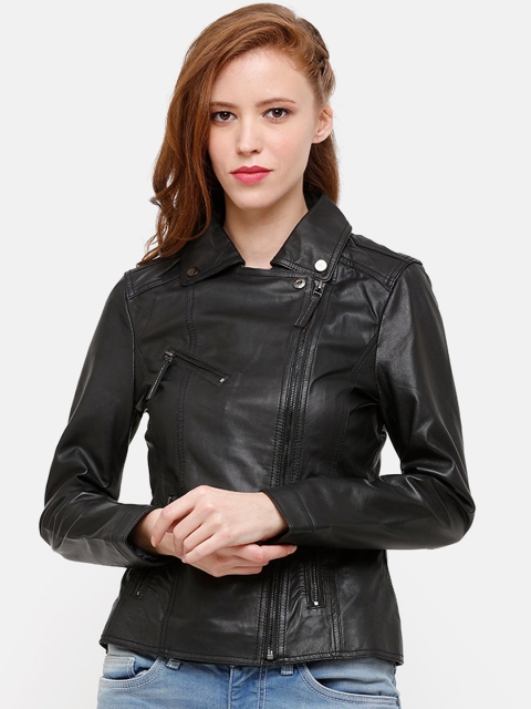 

STROP Women Black Solid Windcheater Leather Jacket