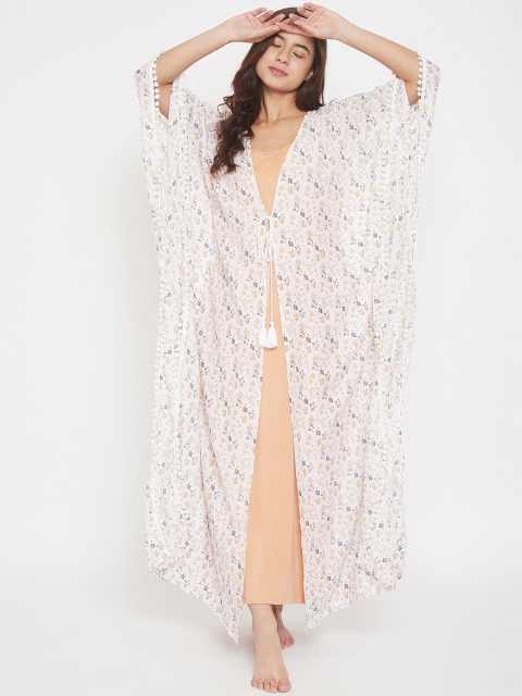 

The Kaftan Company Women Peach-Coloured & Off-White Solid Nightdress With Floral Printed Kaftan Style Robe