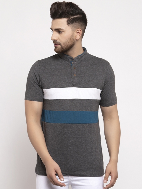 

Kalt Men Grey Striped Mandarin Collar T-shirt