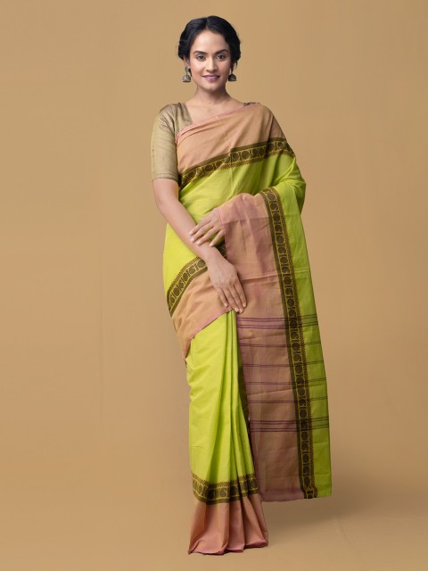

Unnati Silks Green & Pink Pure Cotton Solid Kanjeevaram Saree