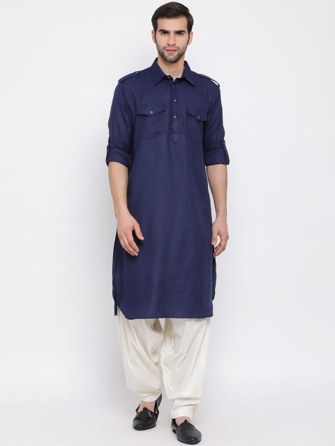 

VASTRAMAY Men Blue & Cream-Coloured Solid Kurta with Pyjamas