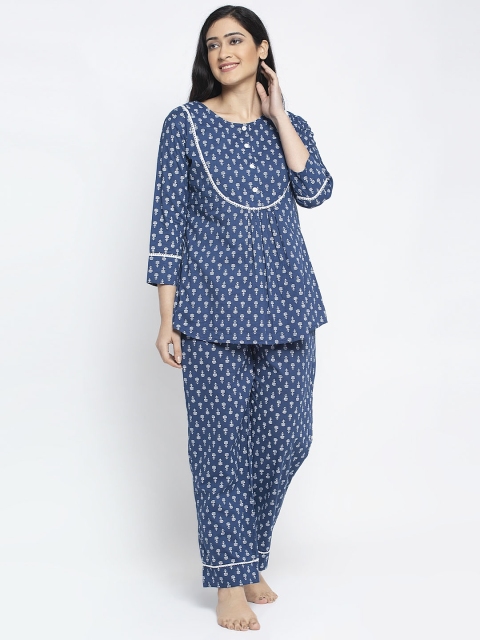 

Aujjessa Women Blue & White Printed Night Suit