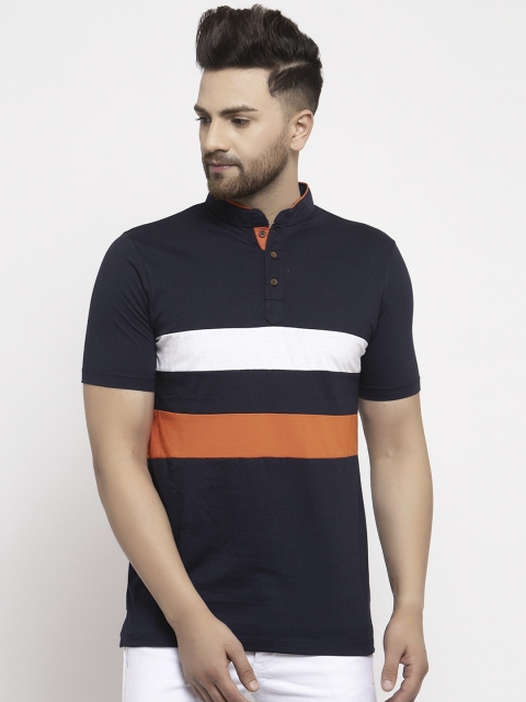 

Kalt Men Navy Blue Striped Mandarin Collar T-shirt