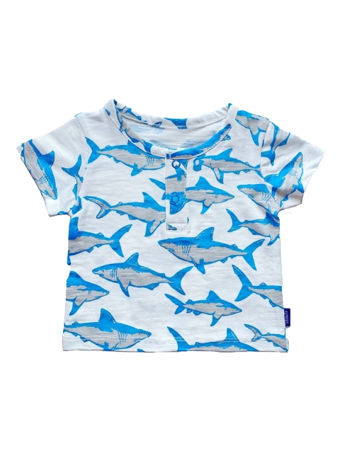 

The Flybees Kids White Blue Printed Cotton Henley Neck Pure Cotton T-shirt