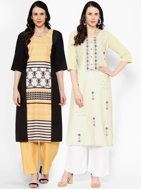 

7Threads Women Pack Of 2 Printed Straight Kurtas, Black