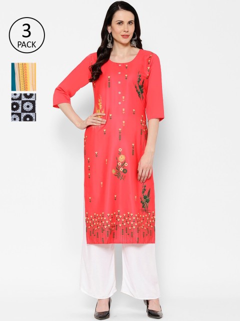 

7Threads Women Pack Of 3 Printed A-Line Kurtas, Grey