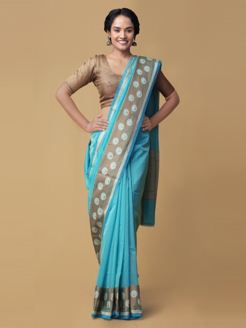 

Unnati Silks Blue Silk Cotton Solid Banarasi Saree