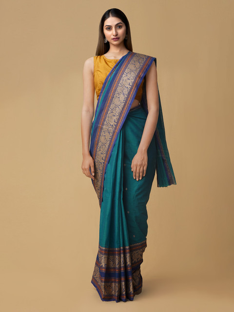 

Unnati Silks Green Pure Cotton Solid Kanjeevaram Handloom Saree