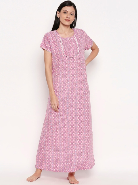 

XIN Women Pink & White Printed Maxi Nightdress