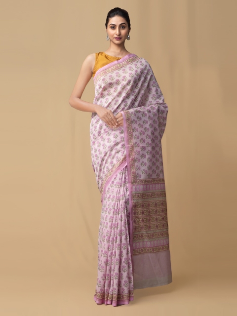 

Unnati Silks Pink & White Silk Cotton Printed Chanderi Saree
