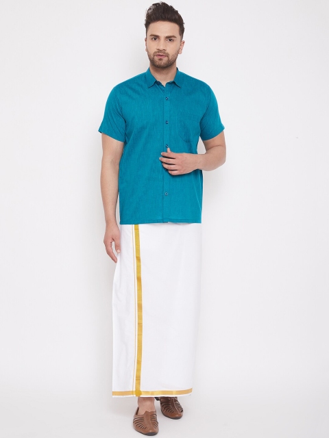 

VASTRAMAY Men Turquoise Blue & White Solid Shirt With Dhoti