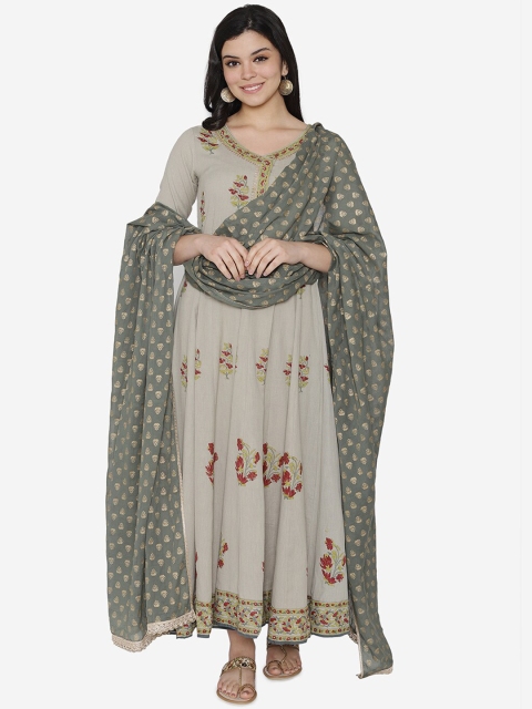 

TARA-C-TARA Women Grey & Gold Floral Printed Maxi Dress with Dupatta