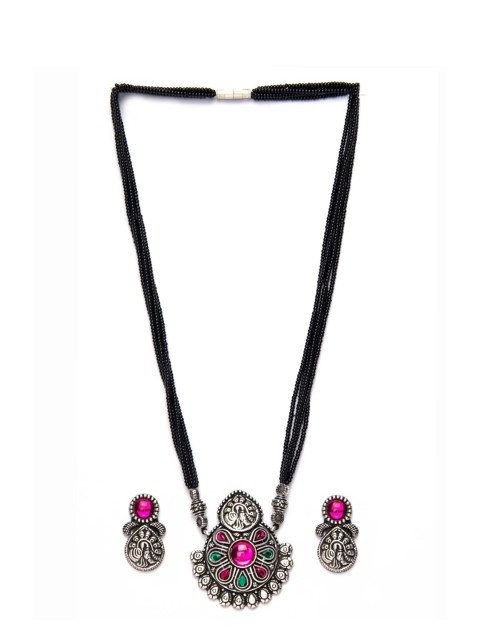 

Alankruthi Oxidised Silver-Plated Black & Pink Stone-Studded Beaded Jewellery Set