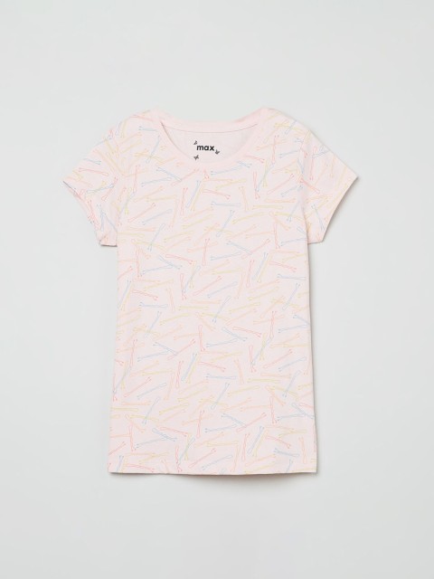 

max Girls Peach-Coloured Printed Round Neck Cotton T-shirt