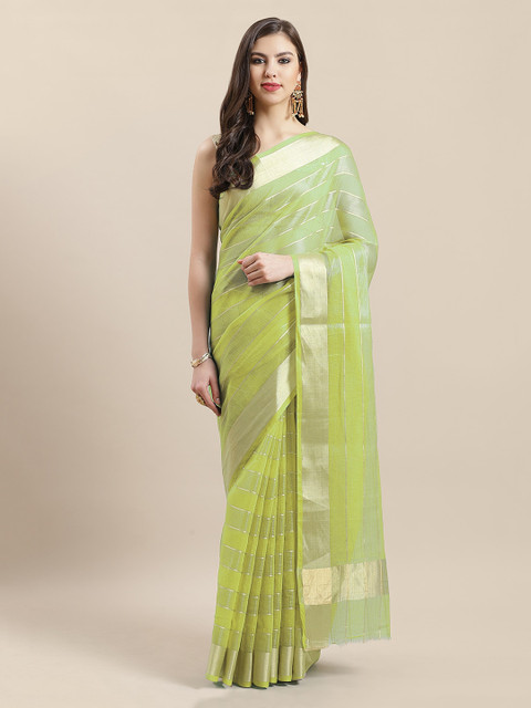 

Chhabra 555 Green & Sea Green Striped Chanderi Saree