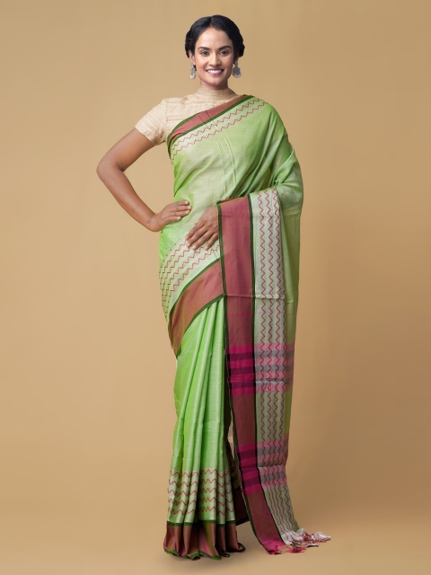 

Unnati Silks Green & Purple Pure Cotton Solid Narayan Peth Saree