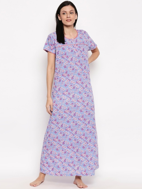 

XIN Women Blue & Pink Floral Printed Maxi Nightdress