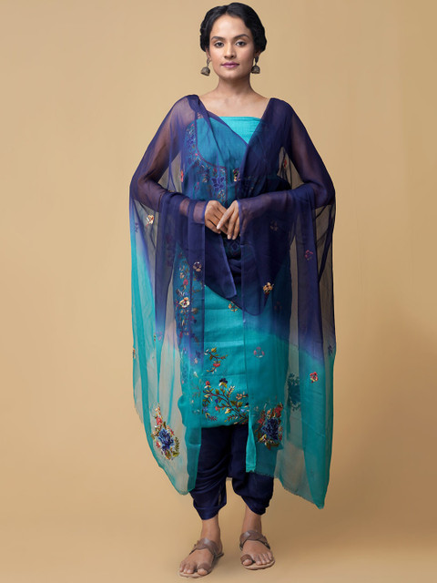 

Unnati Silks Blue Embroidered Unstitched Dress Material