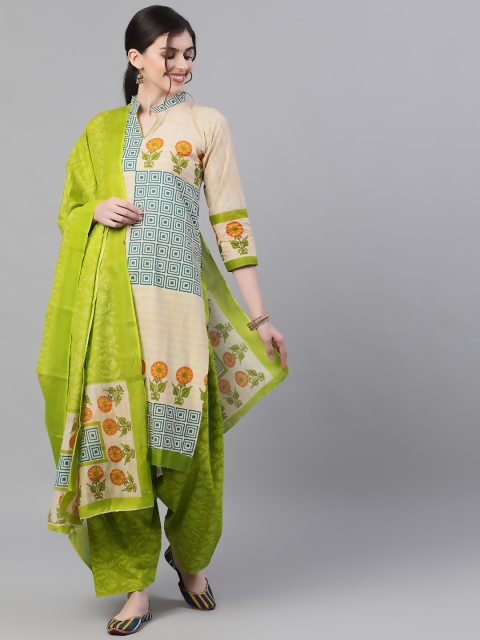

Ishin Women Beige & Green Printed Kurta with Patiala & Dupatta