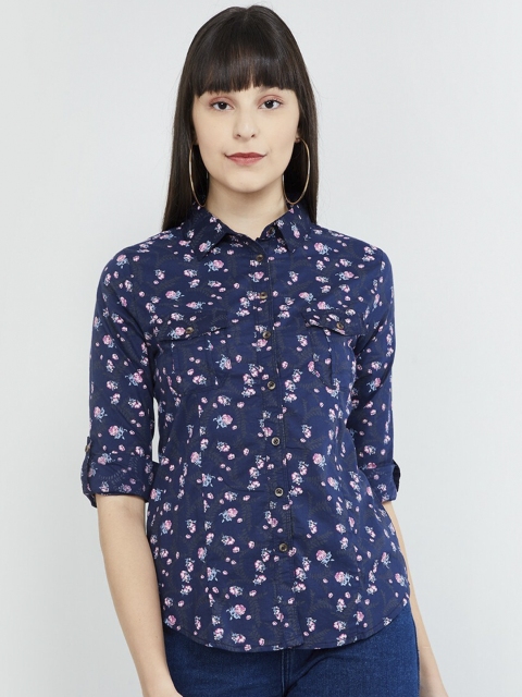 

max Women Navy Blue Printed Shirt Style Top