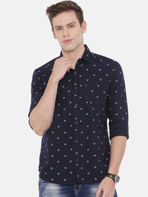

William White Men Navy Blue Slim Fit Printed Casual Cotton Shirt
