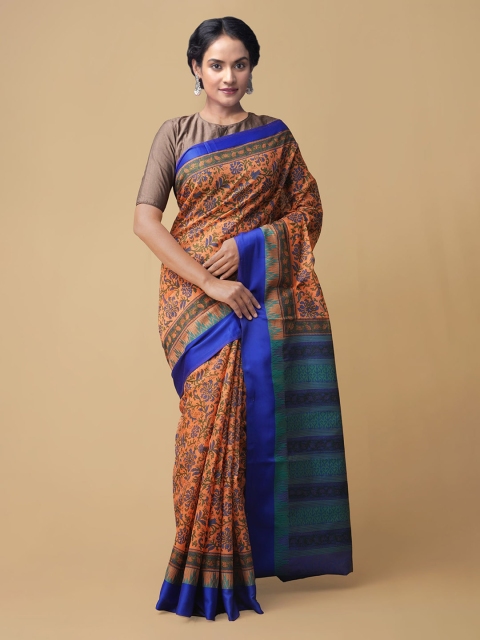 

Unnati Silks Orange & Blue Pure Cotton Printed Mangalagiri Handloom Saree
