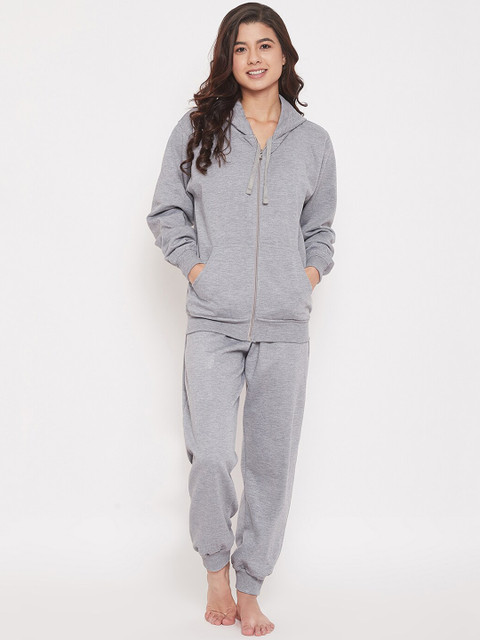 

Clovia Women Grey Solid Zipper Hoodie & Joggers Night suit