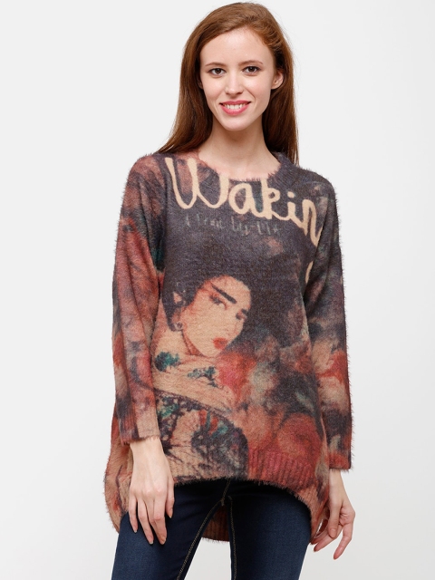 

STROP Women Grey & Red Printed Woollen Pullover Sweater