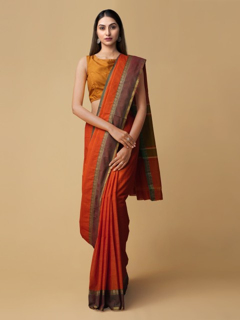 

Unnati Silks Orange Pure Cotton Solid Handcrafted Kanjeevaram Saree