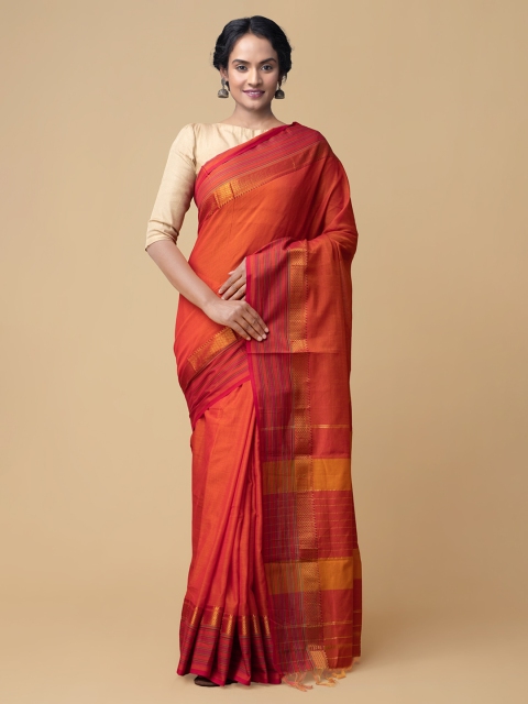 

Unnati Silks Orange & Gold-Toned Pure Cotton Woven Design Narayan Peth Saree