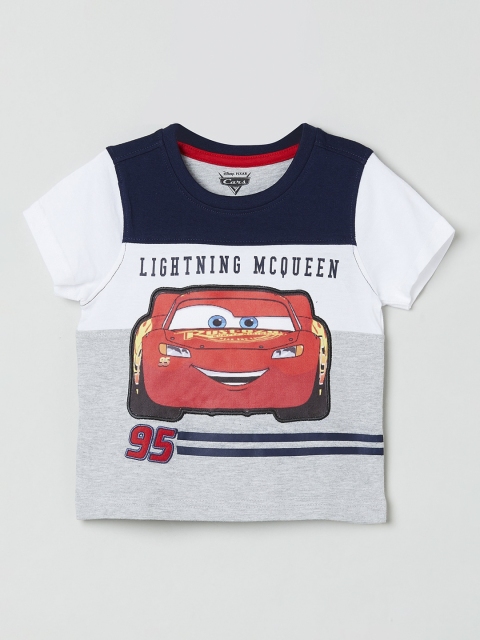 

max Boys White & Grey Cars Printed Round Neck Cotton T-shirt