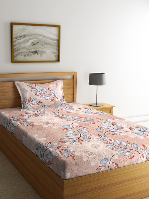 

HOSTA HOMES Peach Coloured & Blue Floral 210 TC Single Bedsheet With Pillow Cover