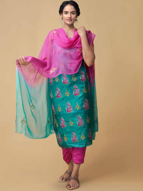 

Unnati Silks Women Green & Pink Embroidered Unstitched Dress Material