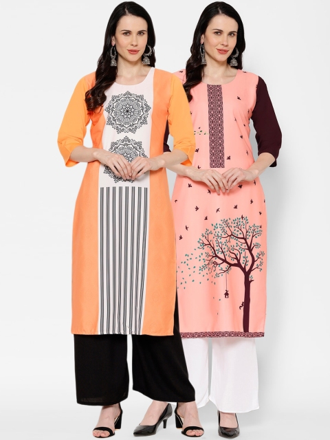 

7Threads Women Pack Of 2 Printed Straight Kurtas, Orange