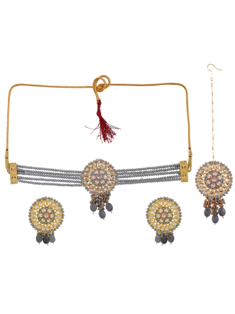 

Silvermerc Designs Gold-Plated White & Grey Pearl Beaded & Stone Studded Meenakari Jewellery Set