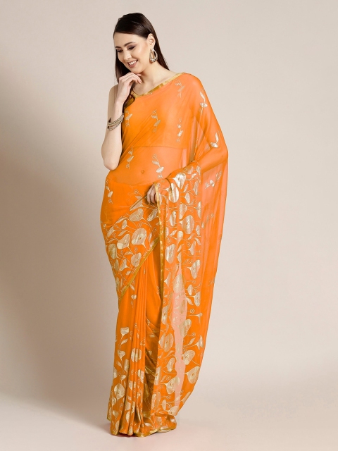 

Chhabra 555 Orange & Gold-Toned Poly Chiffon Printed Block Print Saree