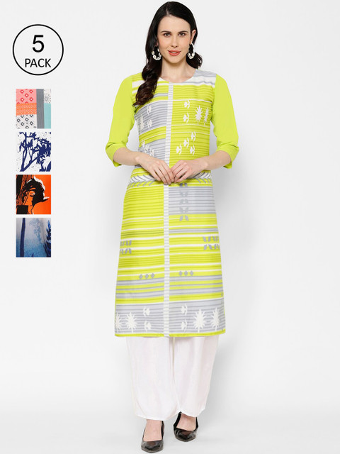 

7Threads Women Pack Of 5 Printed Straight Kurtas, Yellow