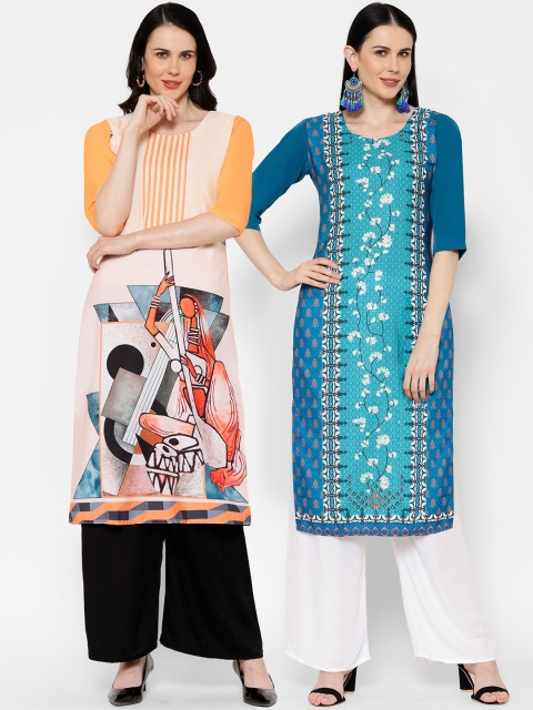

7Threads Women Pack of 2 Printed Crepe Kurta, Multi