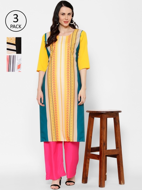 

7Threads Women Pack Of 3 Printed Straight Kurtas, Yellow