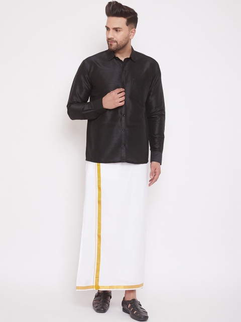 

VASTRAMAY Men Black Solid Shirt With White Dhoti