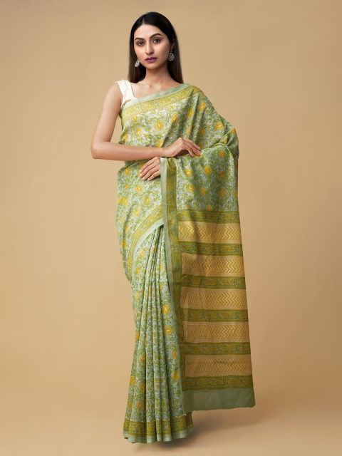 Unnati Silks Green & Yellow Pure Cotton Printed Chanderi Saree