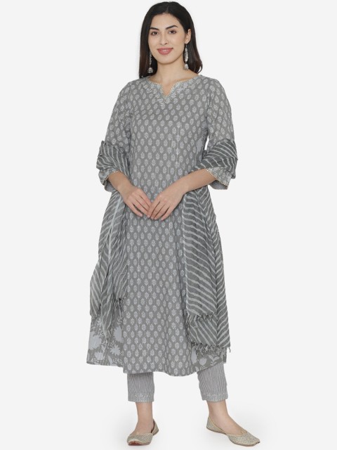 

TARA-C-TARA Women Grey Printed Cotton Kurta with Trousers & Dupatta