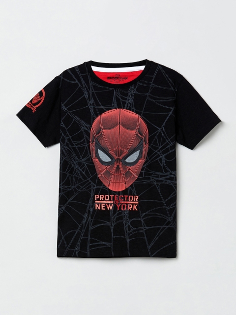

max Boys Black Spiderman Printed Round Neck Cotton T-shirt
