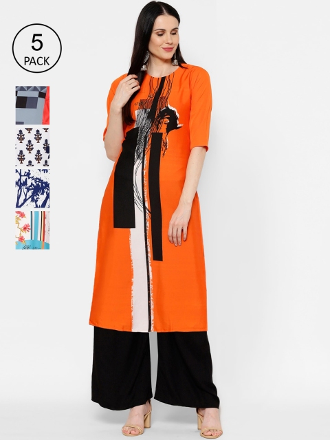 

7Threads Women Pack Of 5 Printed Straight Kurtas, Orange