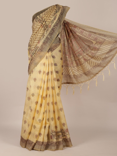 

Pothys Yellow & Brown Jute Silk Printed Saree