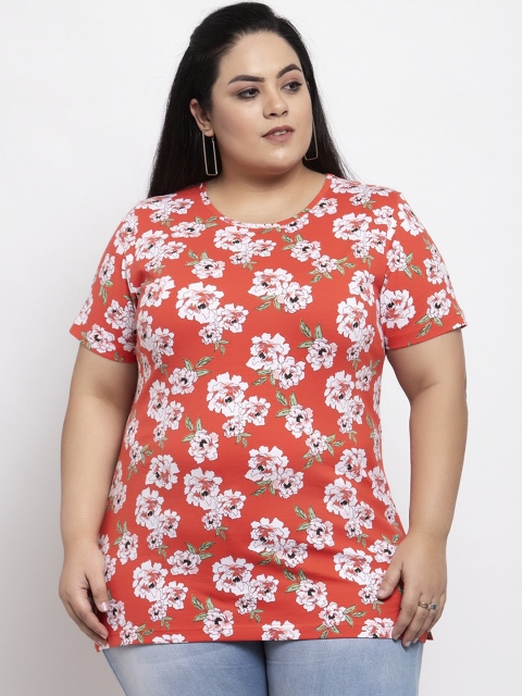 

plusS Women Orange Printed Round Neck T-shirt